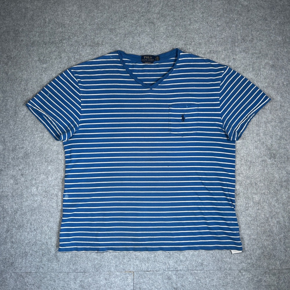 Polo Ralph Lauren T-Shirt Mens Large Blue Striped Classic Fit Pocket V-Neck Tee